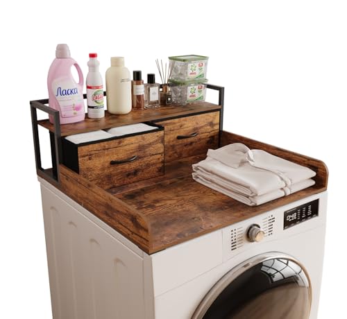 Unionly 2-Tier Washer Dryer Countertop with Shelf & Fabric Drawer - Laundry Topper for Washer Dryer Storage Organization