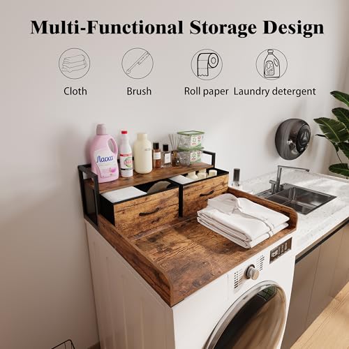 Unionly 2-Tier Washer Dryer Countertop with Shelf & Fabric Drawer - Laundry Topper for Washer Dryer Storage Organization