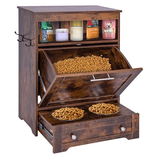 PetFeast Dog Feeding Station: Cabinet with 2 Elevated Bowls, Storage Drawer, Brown