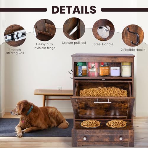 PetFeast Dog Feeding Station: Cabinet with 2 Elevated Bowls, Storage Drawer, Brown