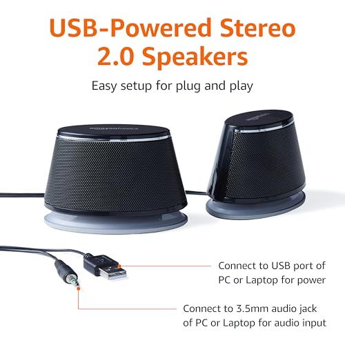 Amazon Basics Stereo 2.0 Speakers for PC/Laptop, 3.5mm Aux, USB-Powered, Black