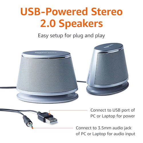 Amazon Basics Stereo Speakers 2.0 for PC & Laptop, 3.5mm Aux, USB-Powered - Silver