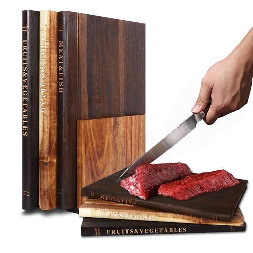 Acacia Book Cutting Board Set with Stand, Decorative Kitchen Boards - Unique Gift