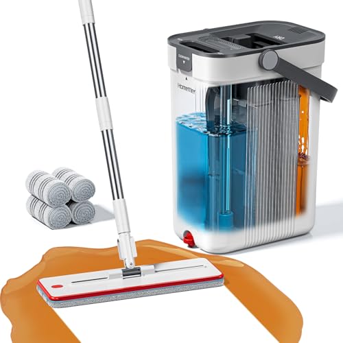 HoMettler Flat Mop and Bucket Set: 3-Compartment Wall Cleaner, 4 Microfiber Pads