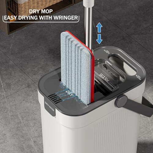 HoMettler Flat Mop and Bucket Set: 3-Compartment Wall Cleaner, 4 Microfiber Pads