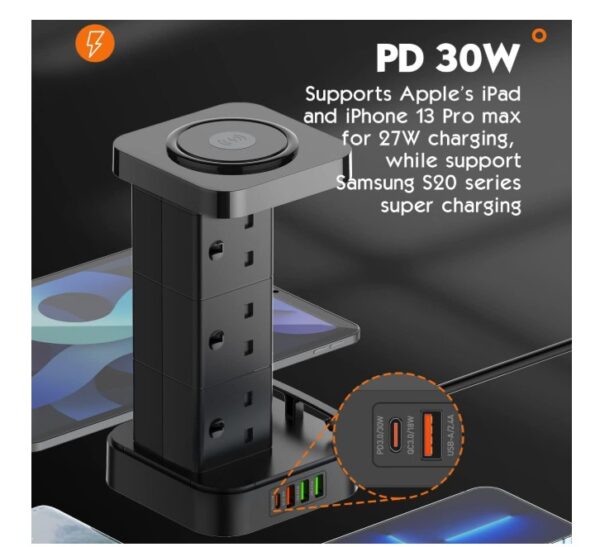 Tower Extension Lead with USB C Slot & Wireless Charger - Image 4